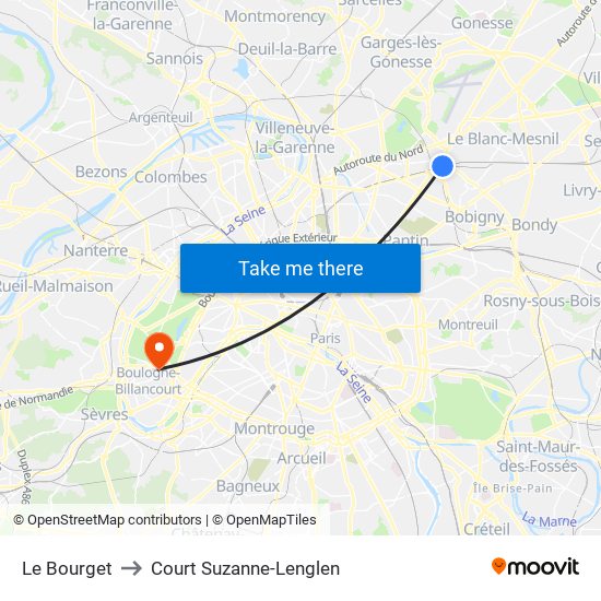 Le Bourget to Court Suzanne-Lenglen map