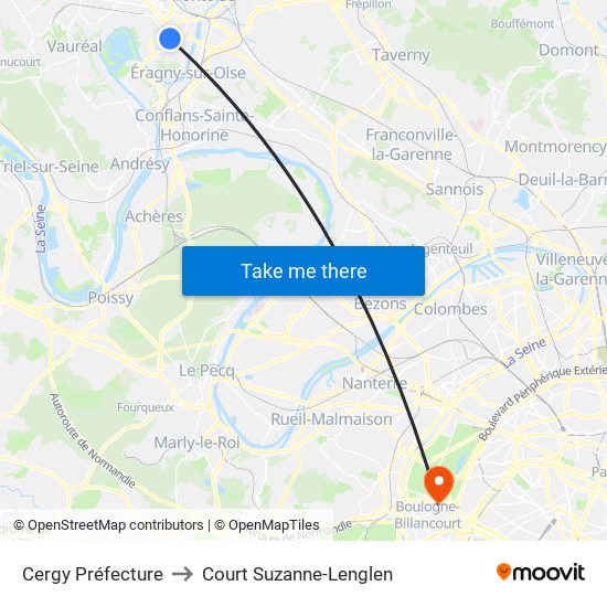 Cergy Préfecture to Court Suzanne-Lenglen map