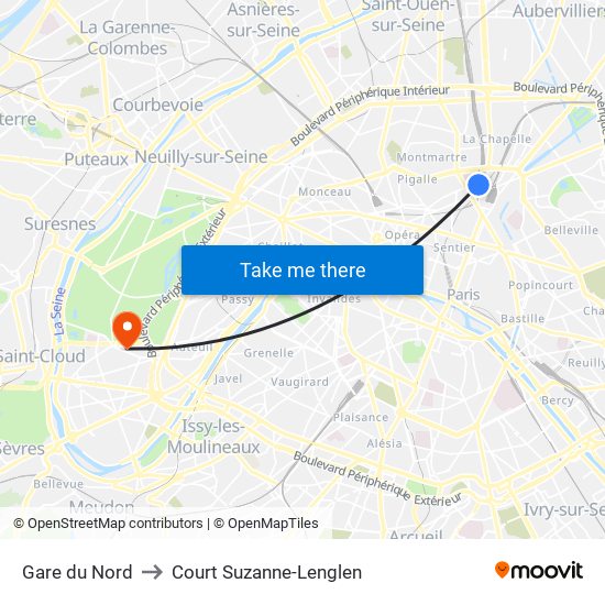 Gare du Nord to Court Suzanne-Lenglen map