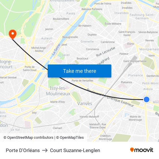 Porte D'Orléans to Court Suzanne-Lenglen map