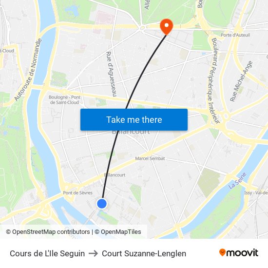 Cours de L'Ile Seguin to Court Suzanne-Lenglen map