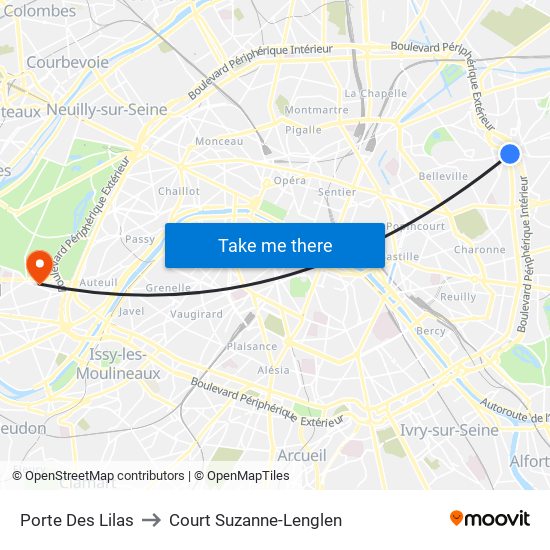 Porte Des Lilas to Court Suzanne-Lenglen map