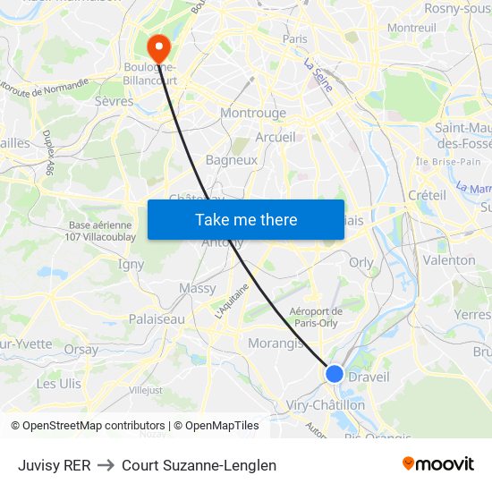 Juvisy RER to Court Suzanne-Lenglen map