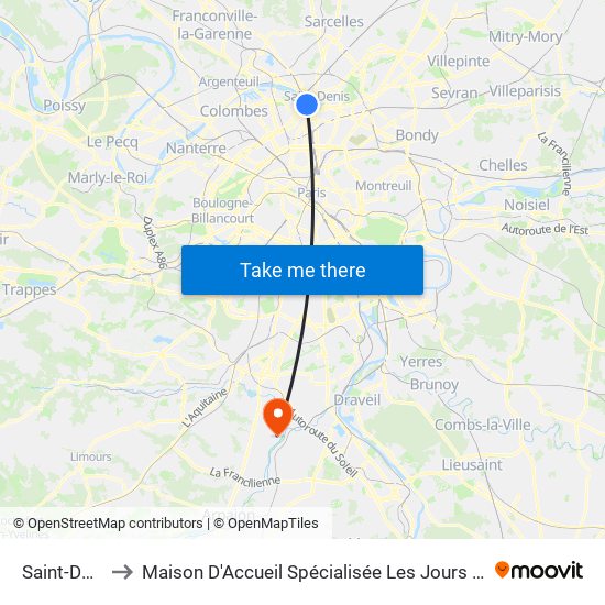 Saint-Denis to Maison D'Accueil Spécialisée Les Jours Heureux map