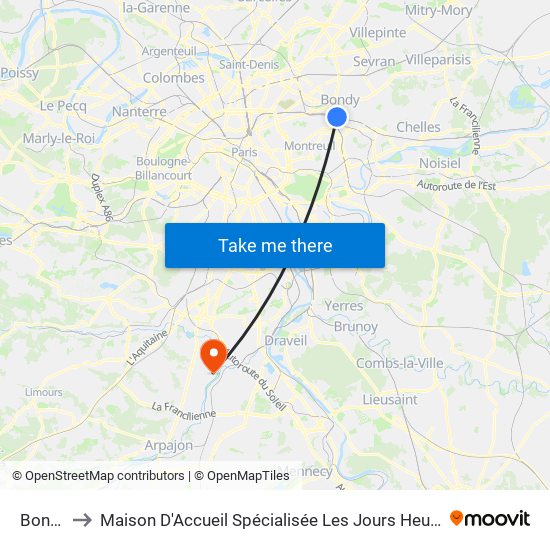 Bondy to Maison D'Accueil Spécialisée Les Jours Heureux map