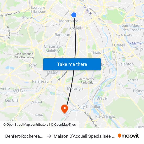 Denfert-Rochereau - Métro-Rer to Maison D'Accueil Spécialisée Les Jours Heureux map