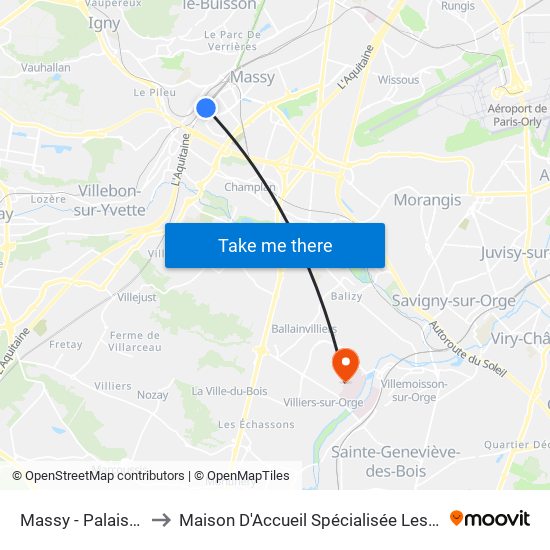 Massy - Palaiseau RER to Maison D'Accueil Spécialisée Les Jours Heureux map