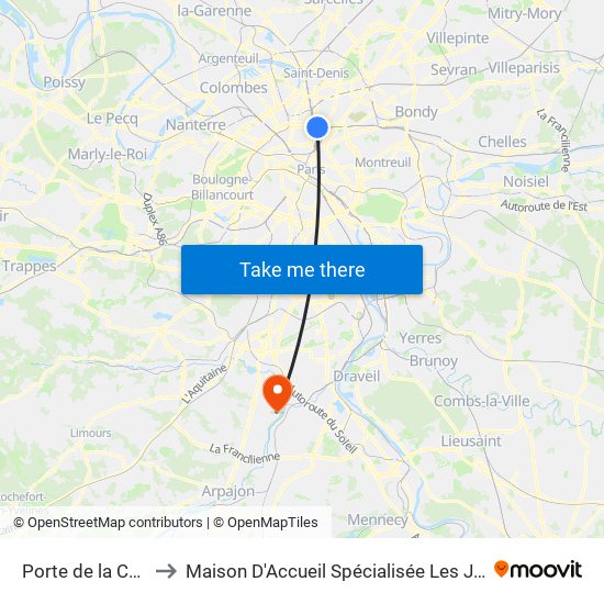 Porte de la Chapelle to Maison D'Accueil Spécialisée Les Jours Heureux map