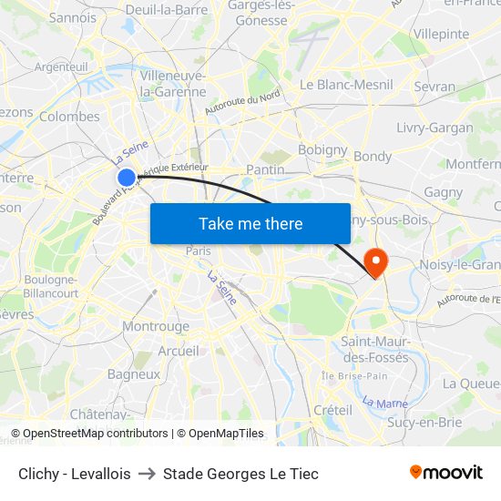 Clichy - Levallois to Stade Georges Le Tiec map