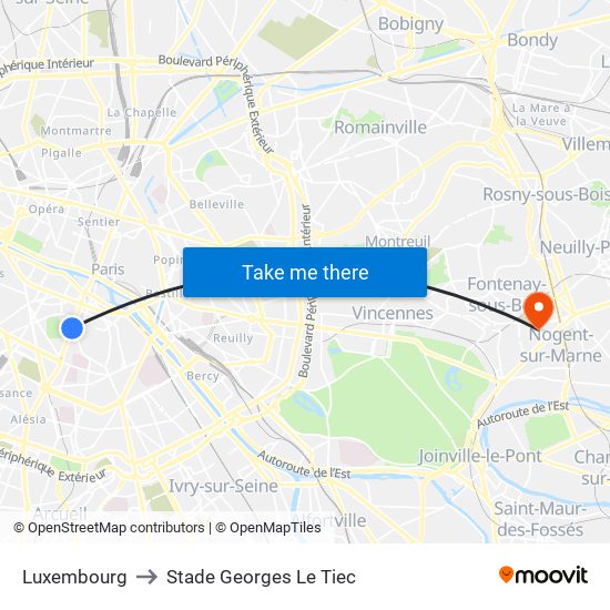 Luxembourg to Stade Georges Le Tiec map