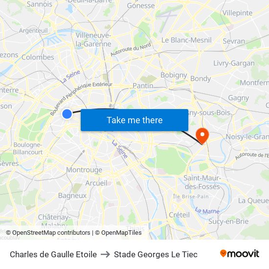 Charles de Gaulle Etoile to Stade Georges Le Tiec map