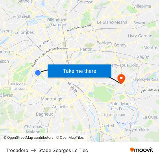 Trocadéro to Stade Georges Le Tiec map