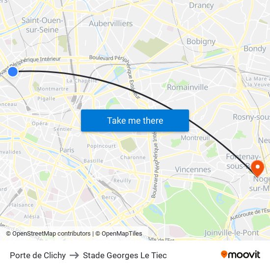 Porte de Clichy to Stade Georges Le Tiec map