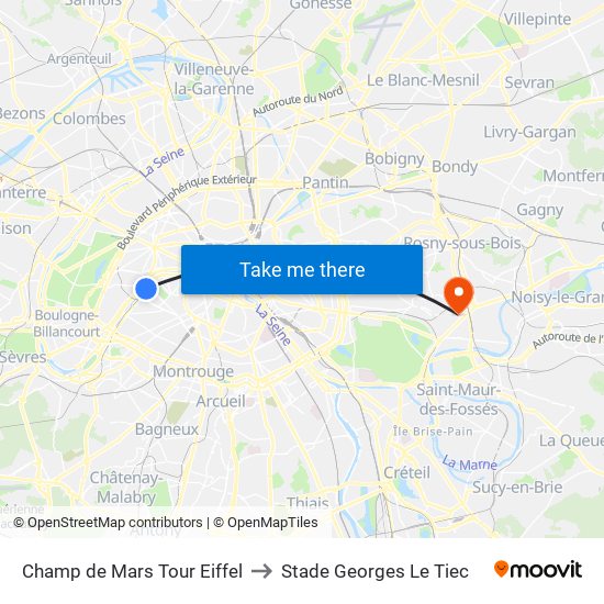 Champ de Mars Tour Eiffel to Stade Georges Le Tiec map