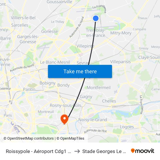 Roissypole - Aéroport Cdg1 (D3) to Stade Georges Le Tiec map