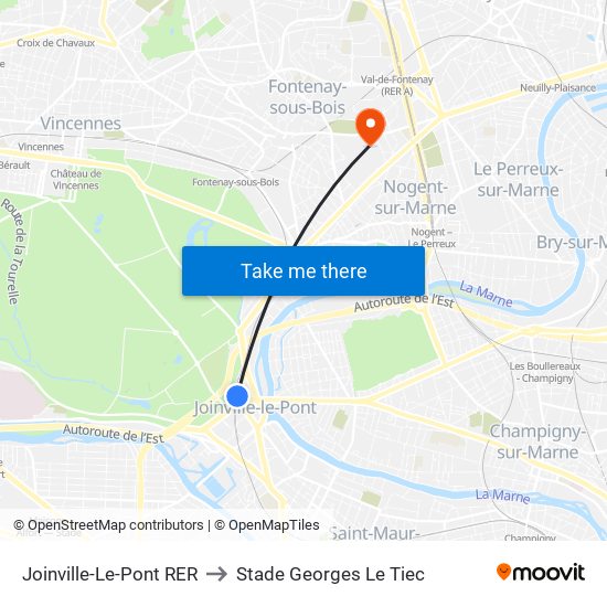 Joinville-Le-Pont RER to Stade Georges Le Tiec map