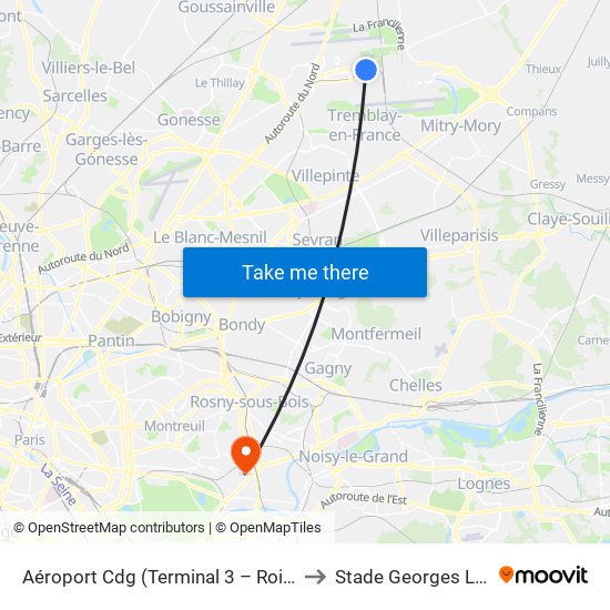 Aéroport Cdg (Terminal 3 – Roissypôle) to Stade Georges Le Tiec map