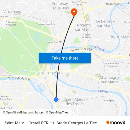 Saint-Maur – Créteil RER to Stade Georges Le Tiec map