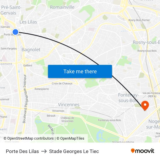 Porte Des Lilas to Stade Georges Le Tiec map