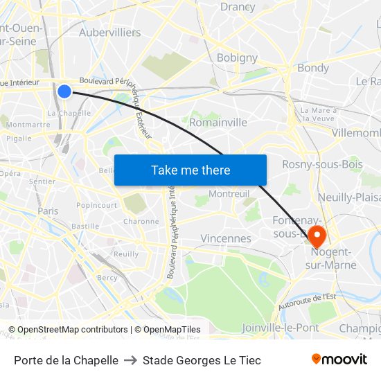 Porte de la Chapelle to Stade Georges Le Tiec map