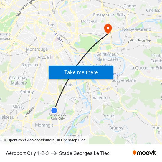 Aéroport Orly 1-2-3 to Stade Georges Le Tiec map