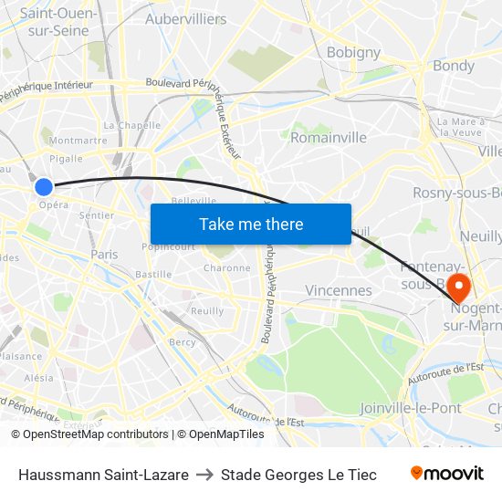 Haussmann Saint-Lazare to Stade Georges Le Tiec map