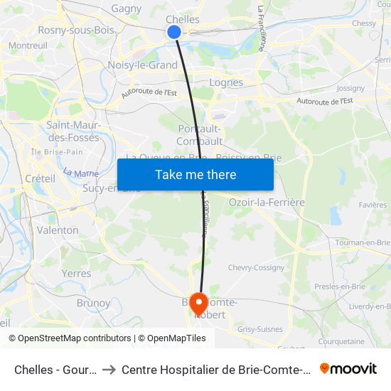 Chelles - Gournay to Centre Hospitalier de Brie-Comte-Robert map
