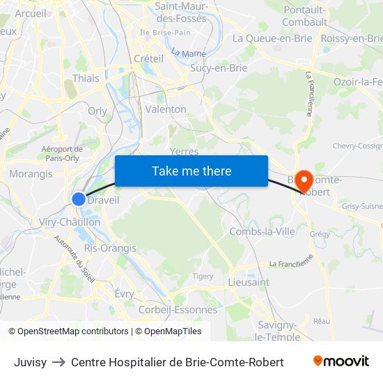 Juvisy to Centre Hospitalier de Brie-Comte-Robert map