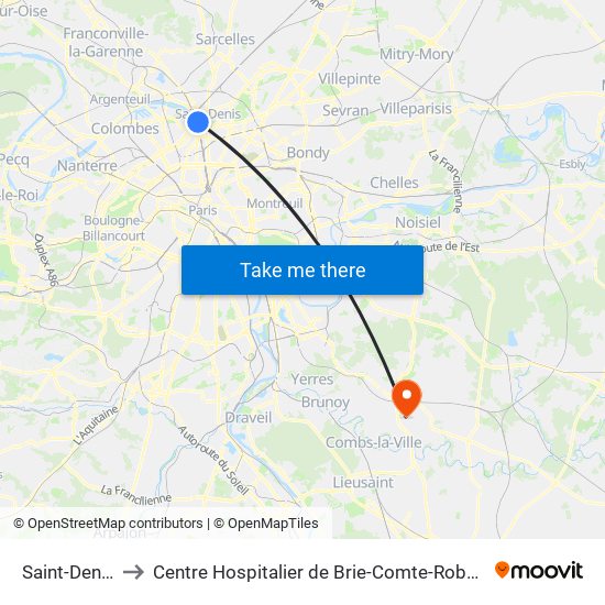Saint-Denis to Centre Hospitalier de Brie-Comte-Robert map