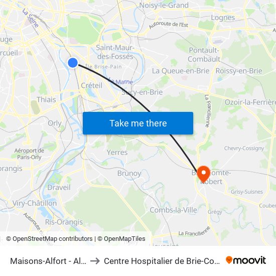 Maisons-Alfort - Alfortville to Centre Hospitalier de Brie-Comte-Robert map