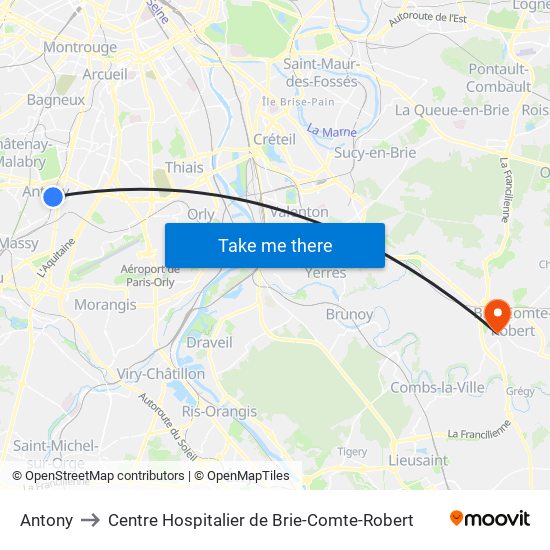Antony to Centre Hospitalier de Brie-Comte-Robert map