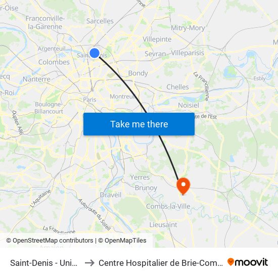 Saint-Denis - Université to Centre Hospitalier de Brie-Comte-Robert map