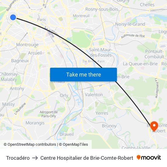 Trocadéro to Centre Hospitalier de Brie-Comte-Robert map