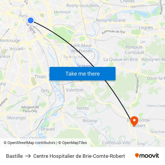 Bastille to Centre Hospitalier de Brie-Comte-Robert map