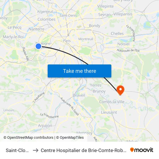 Saint-Cloud to Centre Hospitalier de Brie-Comte-Robert map