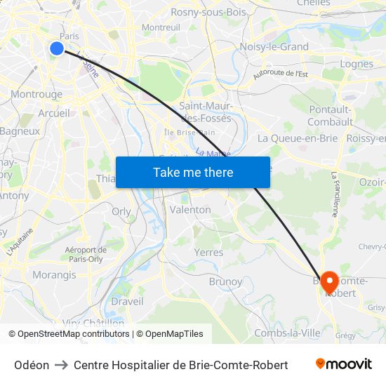 Odéon to Centre Hospitalier de Brie-Comte-Robert map