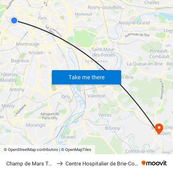 Champ de Mars Tour Eiffel to Centre Hospitalier de Brie-Comte-Robert map