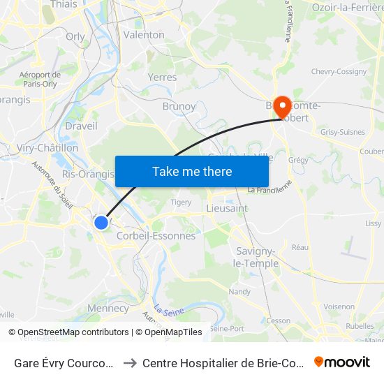 Gare Évry Courcouronnes to Centre Hospitalier de Brie-Comte-Robert map