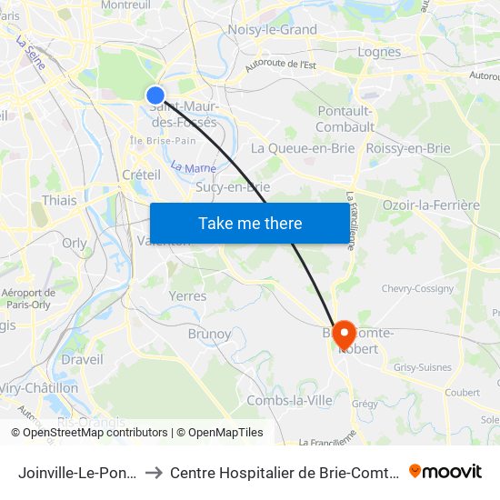 Joinville-Le-Pont RER to Centre Hospitalier de Brie-Comte-Robert map