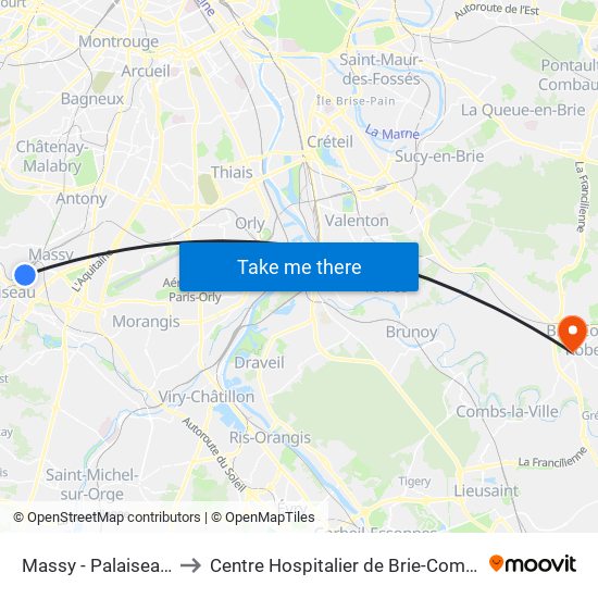 Massy - Palaiseau RER to Centre Hospitalier de Brie-Comte-Robert map