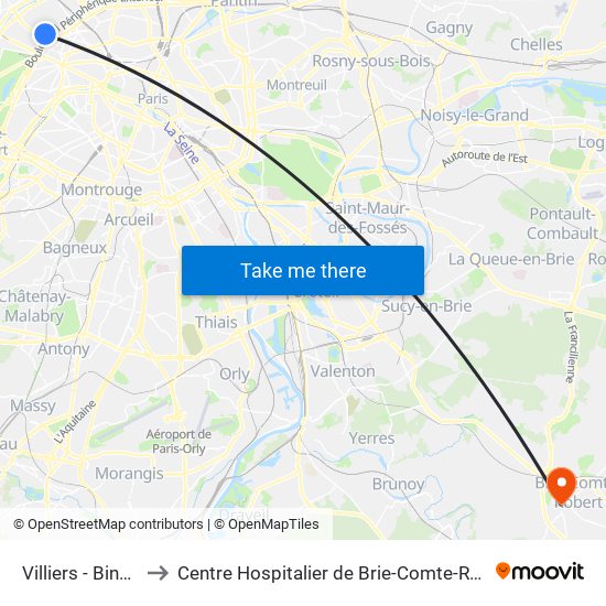 Villiers - Bineau to Centre Hospitalier de Brie-Comte-Robert map