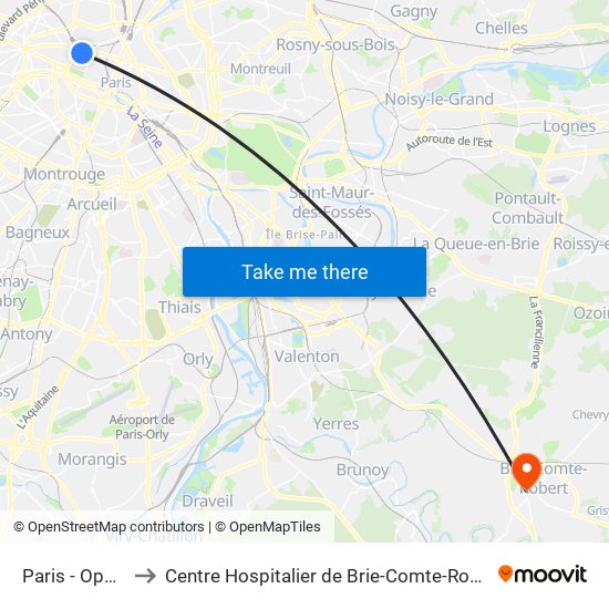 Paris - Opéra to Centre Hospitalier de Brie-Comte-Robert map