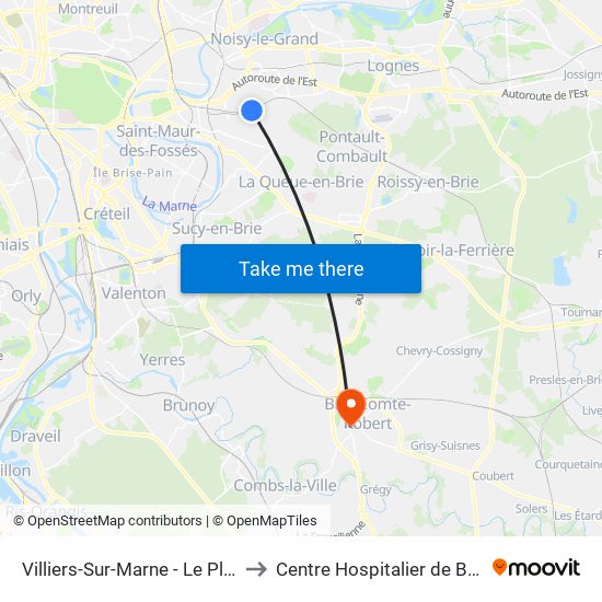 Villiers-Sur-Marne - Le Plessis-Trévise RER to Centre Hospitalier de Brie-Comte-Robert map