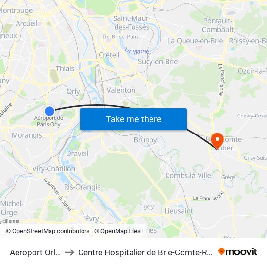 Aéroport Orly 4 to Centre Hospitalier de Brie-Comte-Robert map