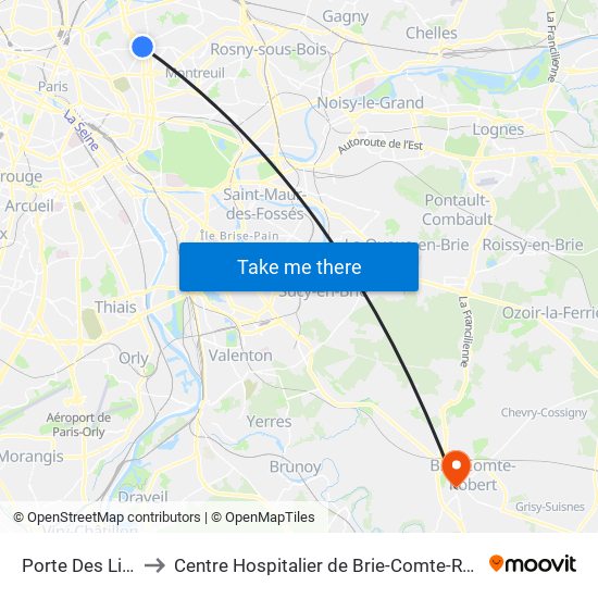 Porte Des Lilas to Centre Hospitalier de Brie-Comte-Robert map