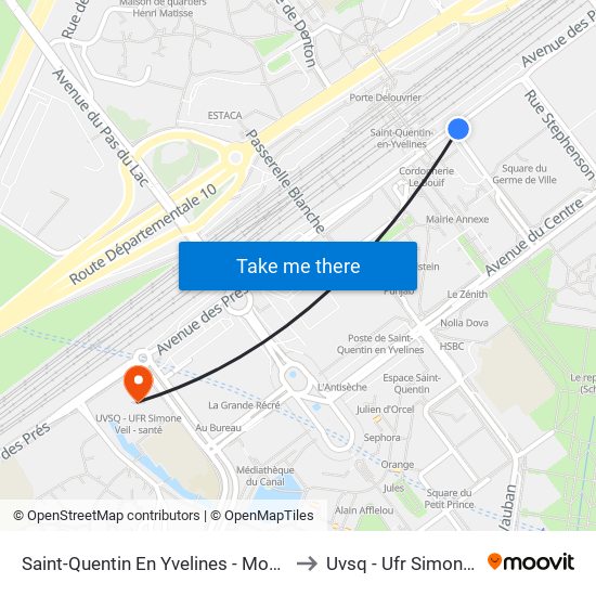 Saint-Quentin En Yvelines - Montigny-Le-Bretonneux to Uvsq - Ufr Simone Veil - Santé map