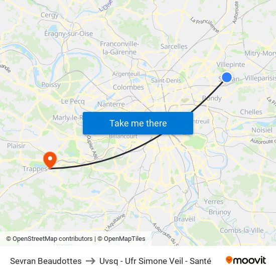 Sevran Beaudottes to Uvsq - Ufr Simone Veil - Santé map