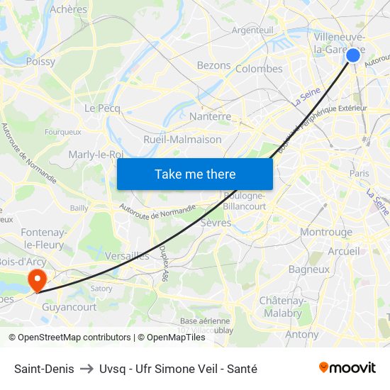 Saint-Denis to Uvsq - Ufr Simone Veil - Santé map