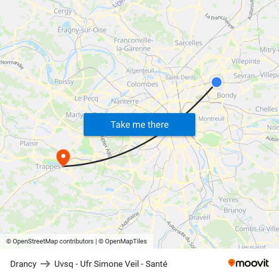 Drancy to Uvsq - Ufr Simone Veil - Santé map
