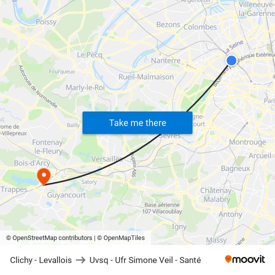 Clichy - Levallois to Uvsq - Ufr Simone Veil - Santé map